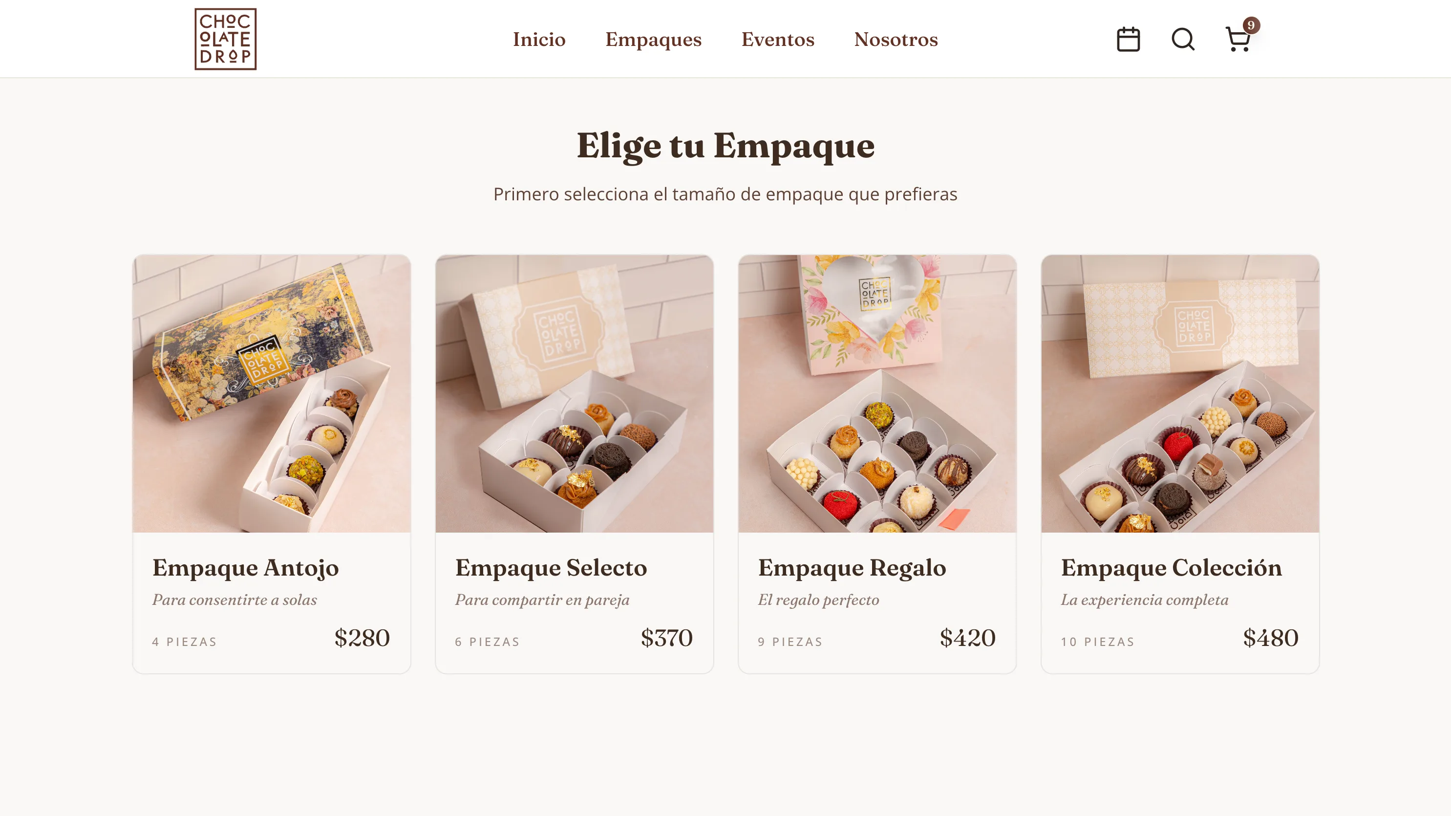 Chocolate Drop — selección de empaques